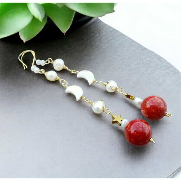 Long Statement Freshwater Pearl, Apple Coral, Seashells, Moons, & Stars Earrings - Picture 3 of 9
